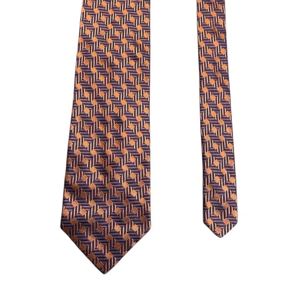 Bachrach Jaquard Orange Blue Geometric Neck Tie 100% Silk Made in Italy designer